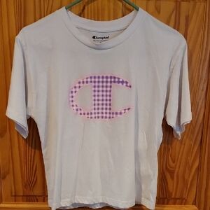 Champion Girls' White Graphic Logo Tee with Purple Check Accent